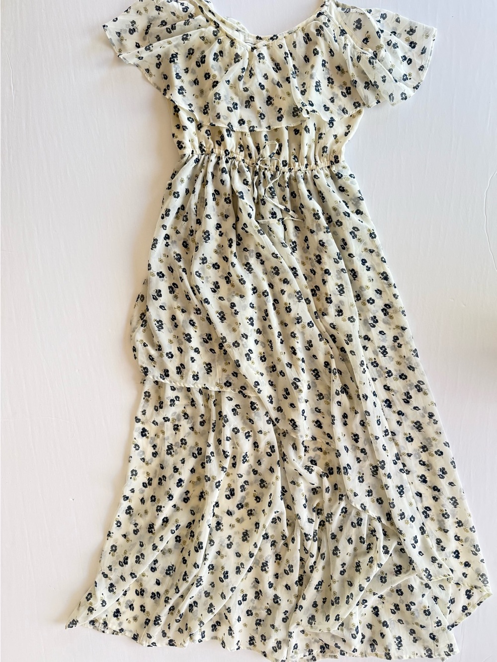 Abercrombie Floral Chiffon Maxi Dress Ruffle Cottagecore Coquette Cream Navy L - Picture 5 of 13